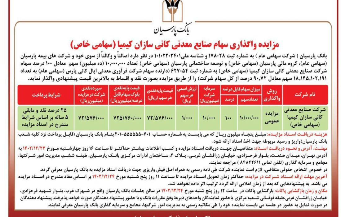 72.6 حراج همتی بانک پارسیان/ قیمت هر سهم بیش از 7 میلیون تومان!