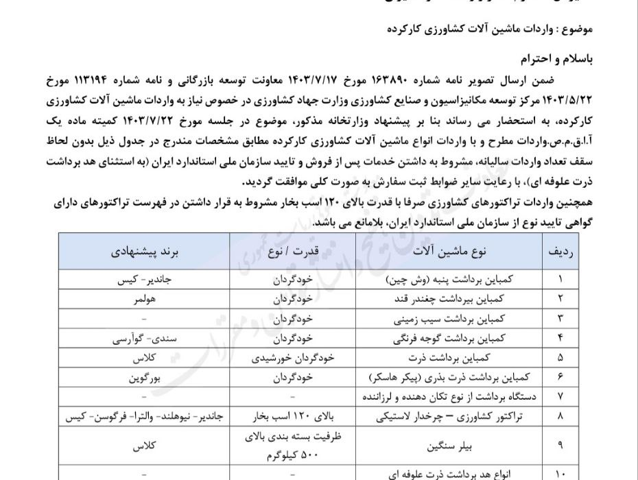 جزئیات واردات ماشین آلات کشاورزی کارکرده اعلام شد + سند