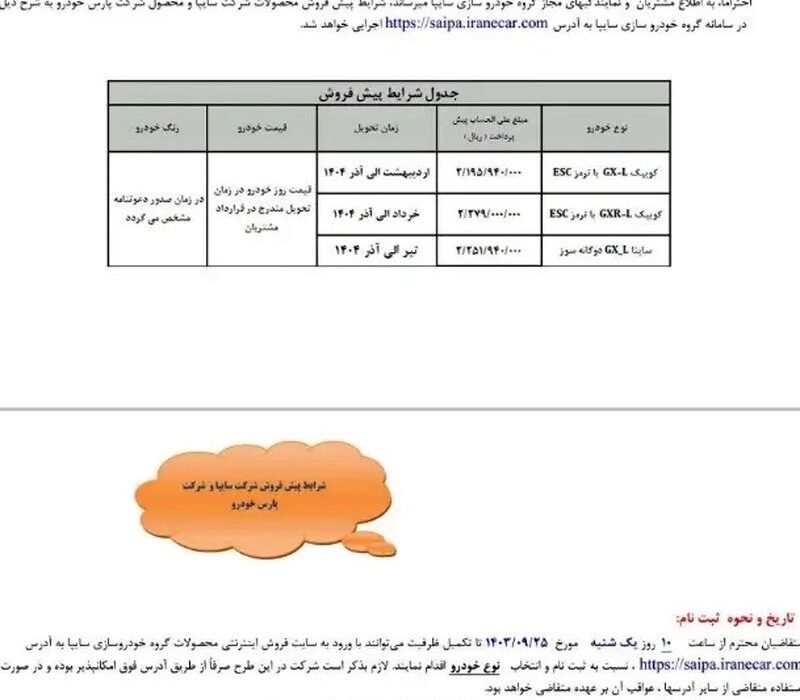 پیش فروش 3 محصول سایپا + جدول ثبت نام